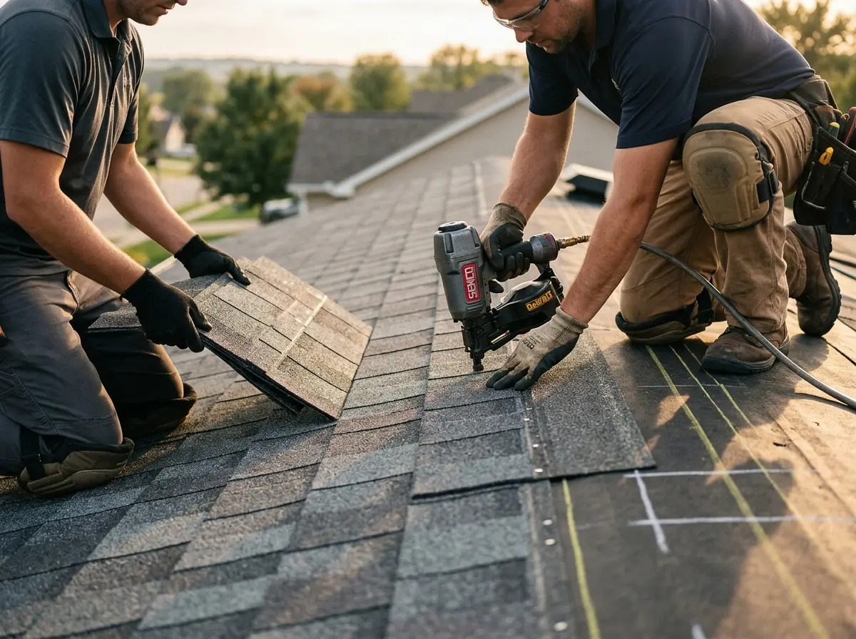Professional roofer working on a residential roof in Stallings